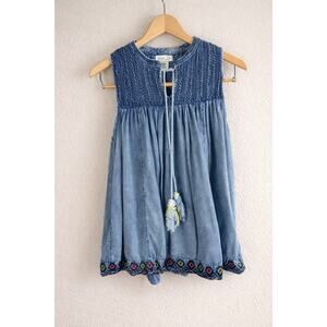 Rachel Zoe Boho Denim Tunic Top Embroidered Hem Sleeveless Blue Large